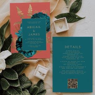 Invitación Elegante Boda Código QR Coral Teal Floral Dorado