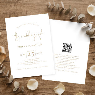 Invitación Elegante Boda Código QR en Letra Script Dorada