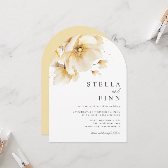 Invitación Elegante Boda Código QR Flores Blanco Amarillo Dor (Anverso/Reverso In Situ)