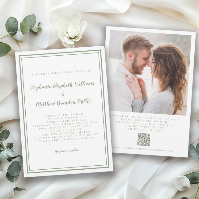 Invitación Elegante Boda Código QR Foto Clásico Sage Green (Subido por el creador)