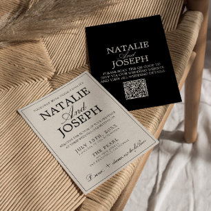 Invitación Elegante Boda Código QR Negro y Crema Dinero Antig