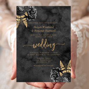 Invitación Elegante Boda con Acuarela Floral en Dorado Negro