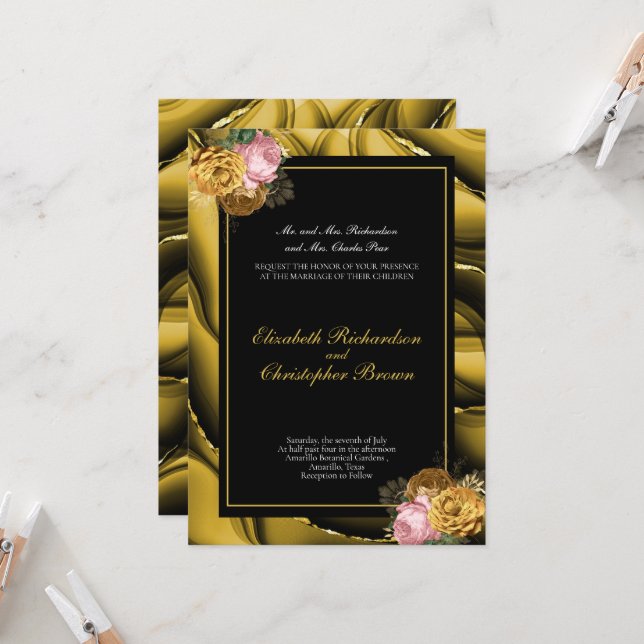 Invitación Elegante Boda con Borde Floral Dorado y Negro (Anverso/Reverso In Situ)