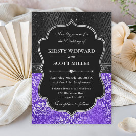 Invitación Elegante boda con brillo floral negro plateado púr