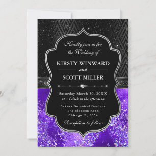 Invitación Elegante Boda con Brillo Plateado Negro Púrpura