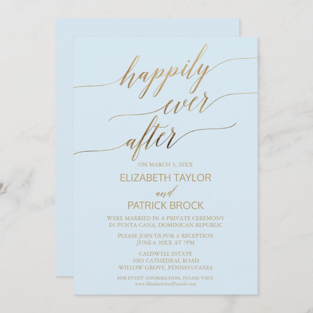 Invitación Elegante Boda con Caligrafía en Dorado y Azul (Anverso / Reverso)