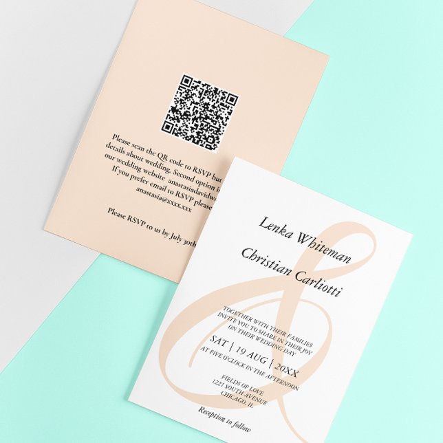 Invitación Elegante boda con código QR Ampersand de melocotón (Subido por el creador)