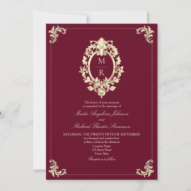Invitación Elegante Boda con Código QR Burgundy (Anverso)