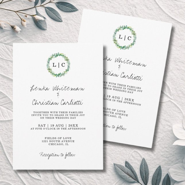 Invitación Elegante Boda con Código QR de Verdor Monogramado (Subido por el creador)