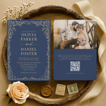 Elegante Boda con Código QR en Azul Marino y Dorad