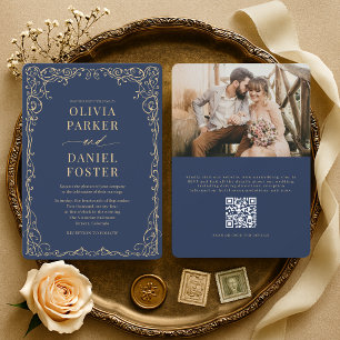 Invitación Elegante Boda con Código QR en Azul Marino y Dorad