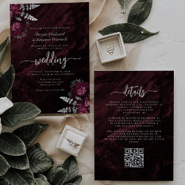 Invitación Elegante Boda con Código QR Floral Burgundy Platea