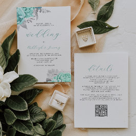 Invitación Elegante boda con código QR floral plata y aqua