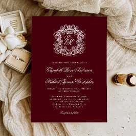 Invitación Elegante Boda con Cresta de Monograma Burgundy