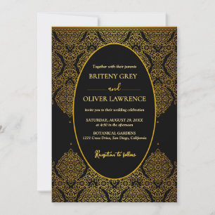Invitación Elegante Boda con Damasco Negro y Dorado