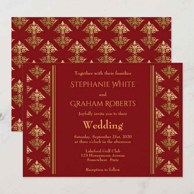 Invitación Elegante Boda con estampado de Damasco Rojo y Oro (Anverso / Reverso)