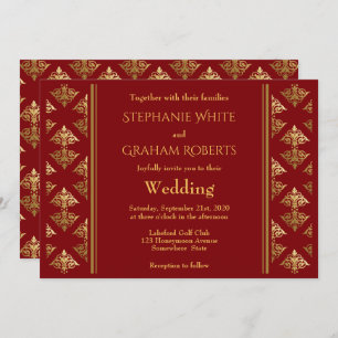 Invitación Elegante Boda con estampado de Damasco Rojo y Oro