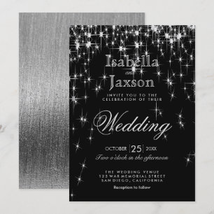 Invitación Elegante Boda con Estrellas de Luz Negras y Platea