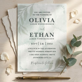Invitación Elegante Boda con Foliage de Acuarela en Verde Sal
