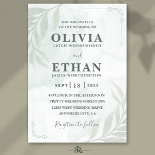 Invitación Elegante Boda con Foliage de Acuarela en Verde Sal