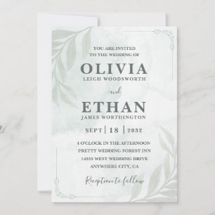 Invitación Elegante Boda con Foliage de Acuarela en Verde Sal