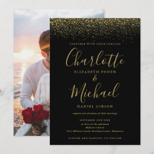 Invitación Elegante Boda con Glitter en Negro y Dorado