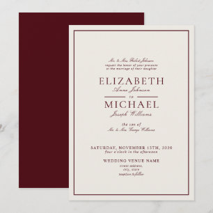 Invitación Elegante Boda con Guión Clásico de Marfil y Borgoñ