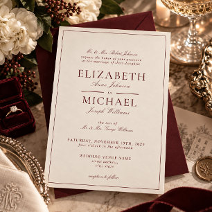 Invitación Elegante Boda con Guión Clásico de Marfil y Borgoñ