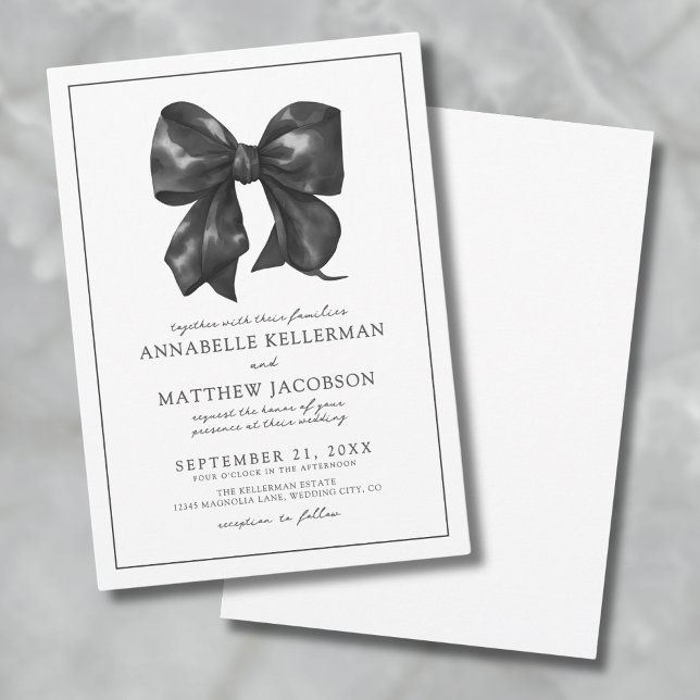 Invitación Elegante Boda con Lazo Negro (Simple Minimalist Watercolor Black Bow Wedding Invitation)