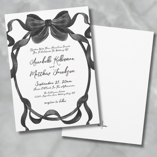 Invitación Elegante Boda con Lazo Negro (Elegant Stylish Watercolor Black Bow Wedding Invitation)