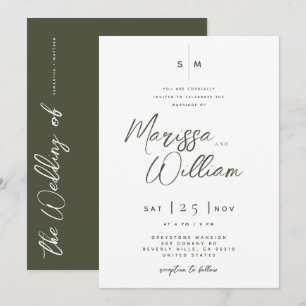 Invitación Elegante Boda con Letra Moderna en Oliva y Blanco