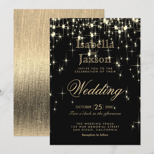 Invitación Elegante boda con luces de estrellas negras y dora (Anverso / Reverso)