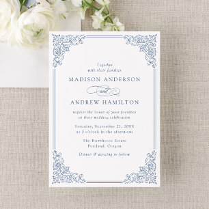 Invitación Elegante Boda con Marco Adornado Azul Francés Vint
