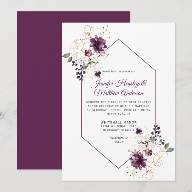 Invitación Elegante Boda con marco floral morado y dorado (Anverso / Reverso)