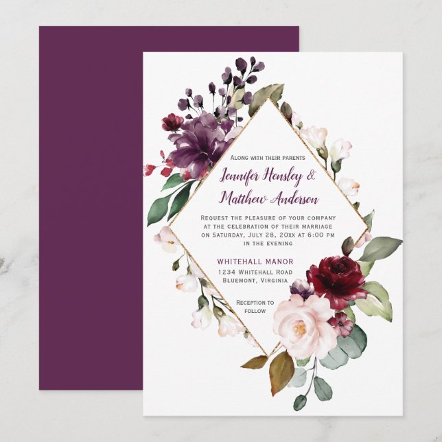 Invitación Elegante Boda con marco floral morado y rojo (Anverso / Reverso)