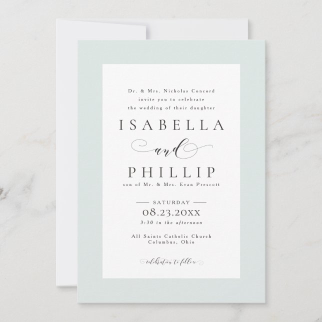 Invitación Elegante boda con marco verde formal (Anverso)