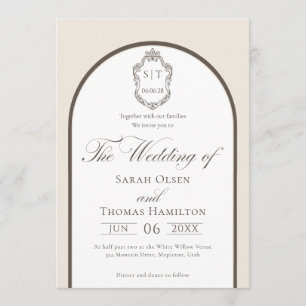 Invitación Elegante Boda con Monograma de Mocha y Crema