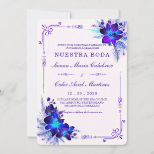 Invitación Elegante boda con orquídeas azules y moradas