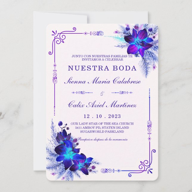 Invitación Elegante boda con orquídeas azules y moradas (Anverso)