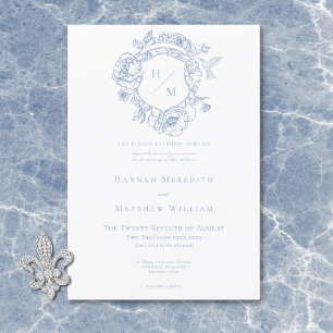 Invitación Elegante boda con pájaro y blasón de chinoiserie a