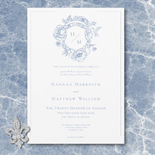 Invitación Elegante boda con pájaro y blasón de chinoiserie a