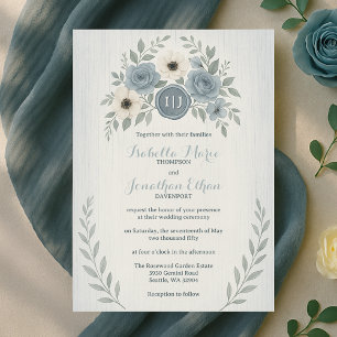 Invitación Elegante Boda con Sello de Cera Floral Azul Polvor