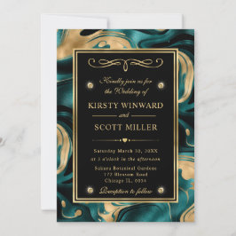 Invitación Elegante Boda con Teal Fundido y Brillo Dorado