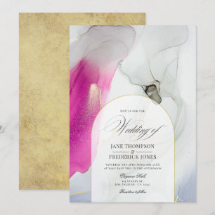 Invitación Elegante Boda con Tinta de Alcohol Rosa, Gris y Do