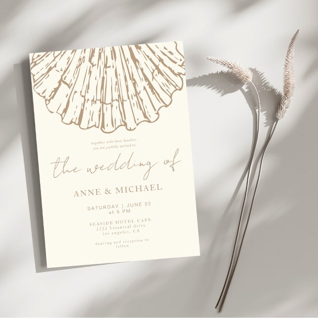 Invitación Elegante Boda Costera Champán Beige Caparazón de A (Subido por el creador)