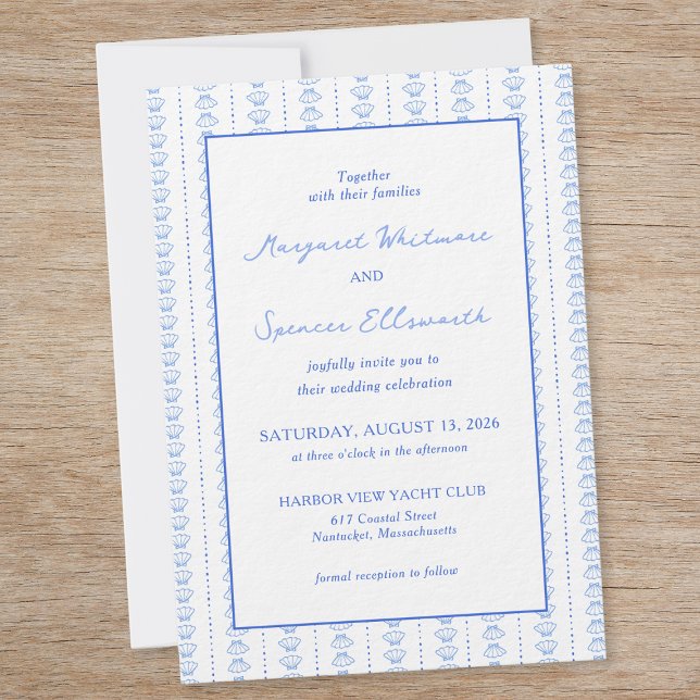 Invitación Elegante Boda costero de conchas azules dibujadas  (Subido por el creador)