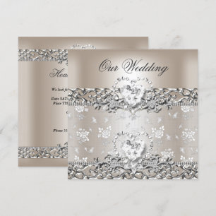 Invitación Elegante Boda Crema Plata Corazón de Diamante