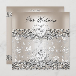 Invitación Elegante Boda Crema Plata Corazón de Diamante