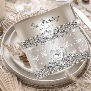 Invitación Elegante Boda Crema Plata Corazón de Diamante