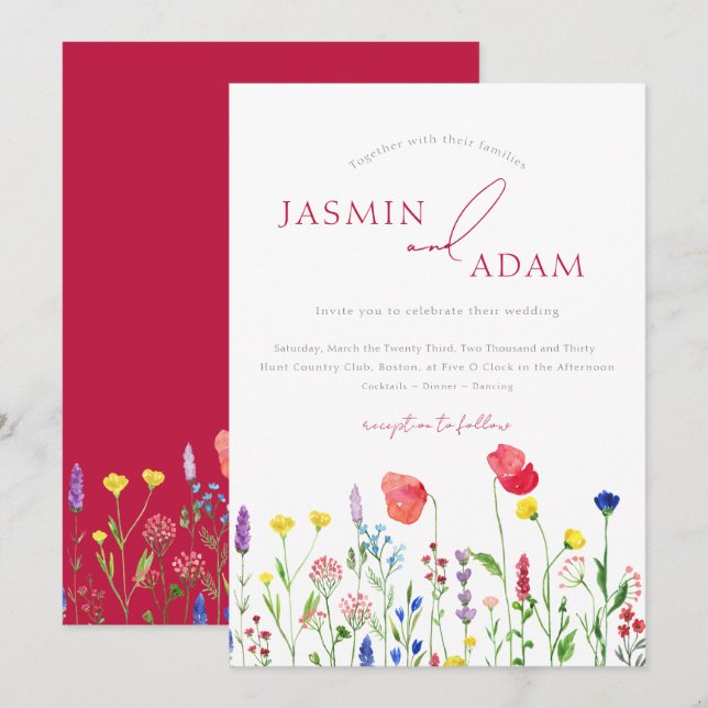 Invitación Elegante Boda Crimson Red Wildflowers (Anverso / Reverso)